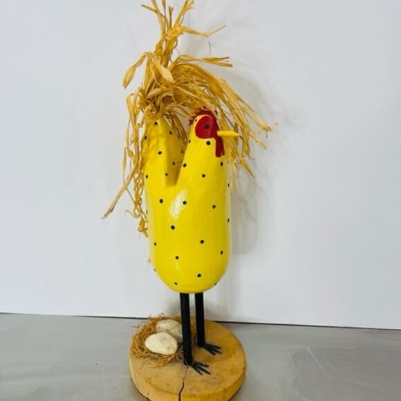 SIGNED 15" TALL Edith John, folk art chicken hen WITH NEST Wood & Straw 15" from - Picture 1 of 6